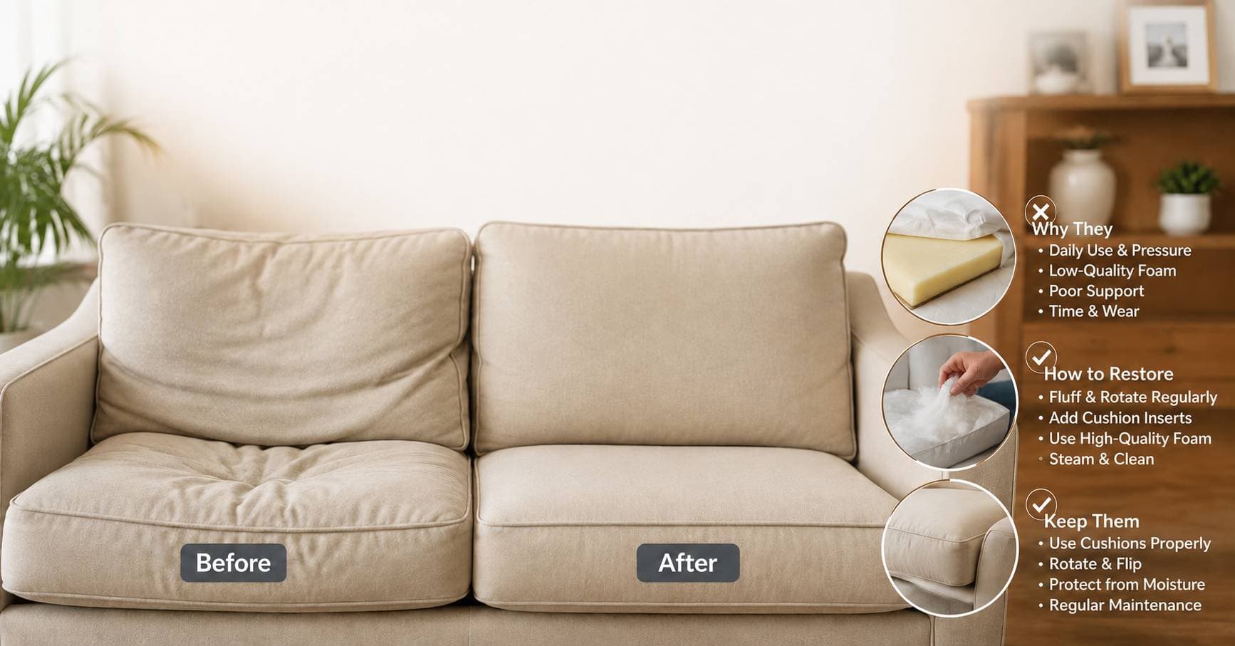 A sofa comparing flattened and reshaped cushions, with notes about cushion wear and restoration.